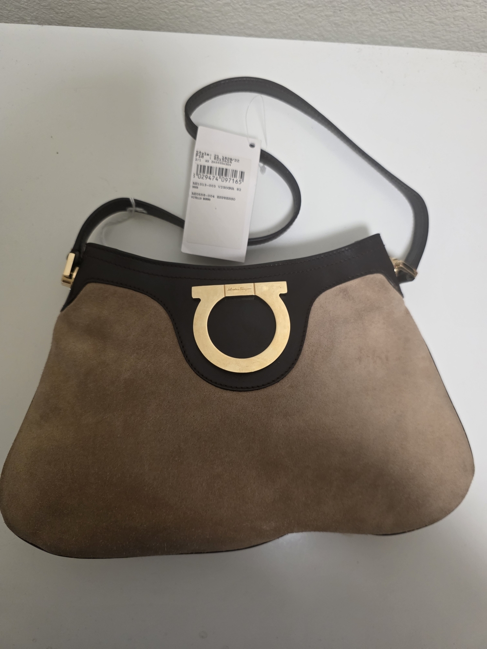 Salvatore Ferragamo Taupe Suede Gancini Shoulder Bag